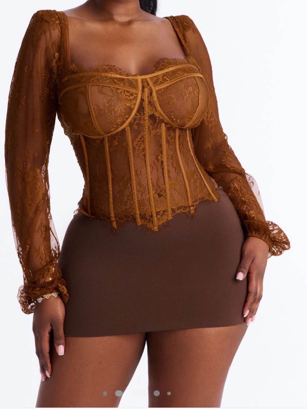 Lace Long-Sleeve Bustier Top in Brown
